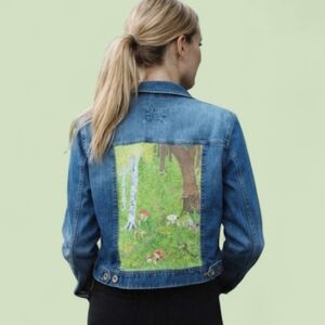 Hand painted Indie mushrooms fairy core nature scene unique cropped jean jacket